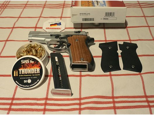 Weihrauch HW 94 Stainless-Look, Echtholzgriffschalen, Kaliber 9 mm R.K. incl. 50 Patronen
