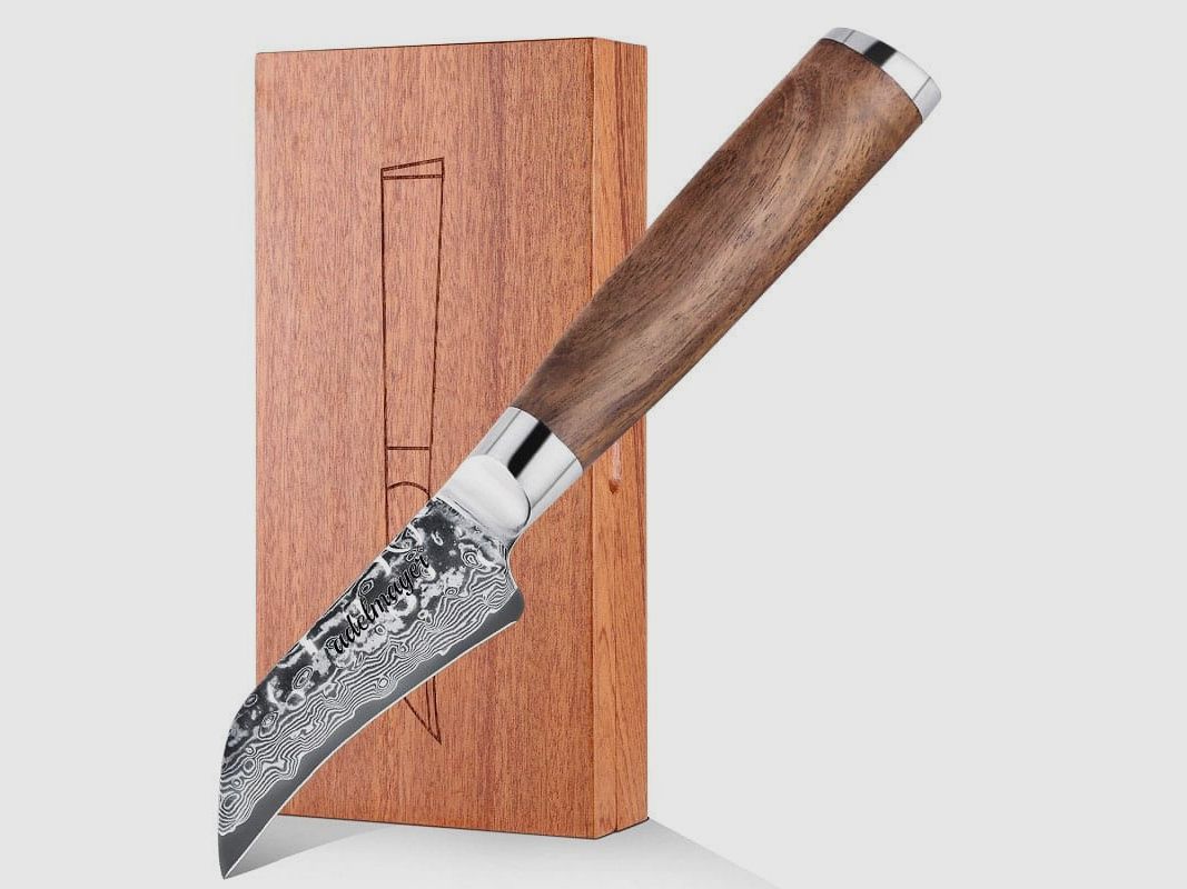 adelmayer® Damast Vogelschnabel Schälmesser 7,5 cm handgeschliffen und mit Walnussgriff