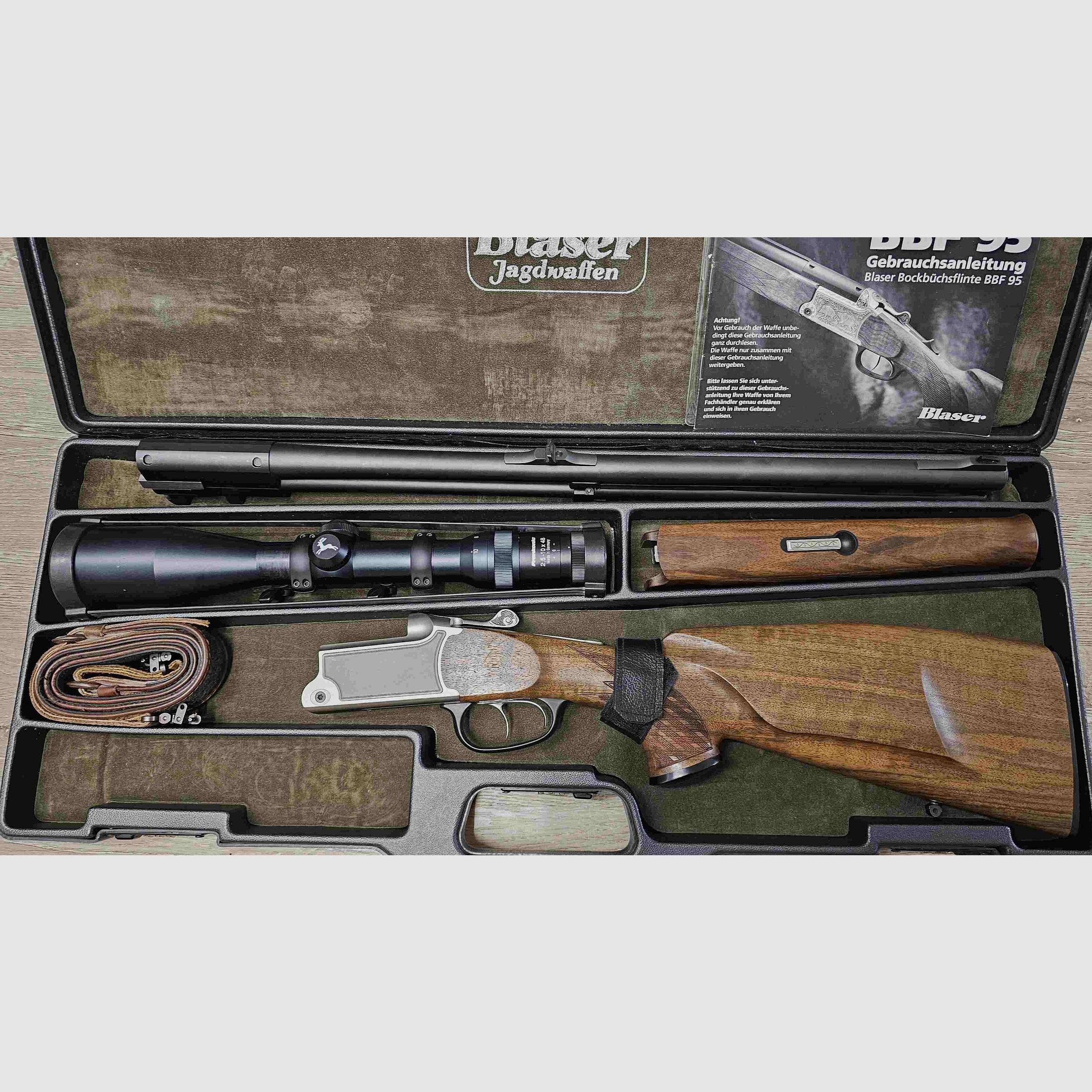 Bockbüchsflinte Blaser BBF 95 Standard, kal. .308 Win. i 12/76, w tym Frankonia 2,5-10x48 (Abs. 1) na montażu Blaser Sattelmontage (30 mm pierścienie) i walizkę