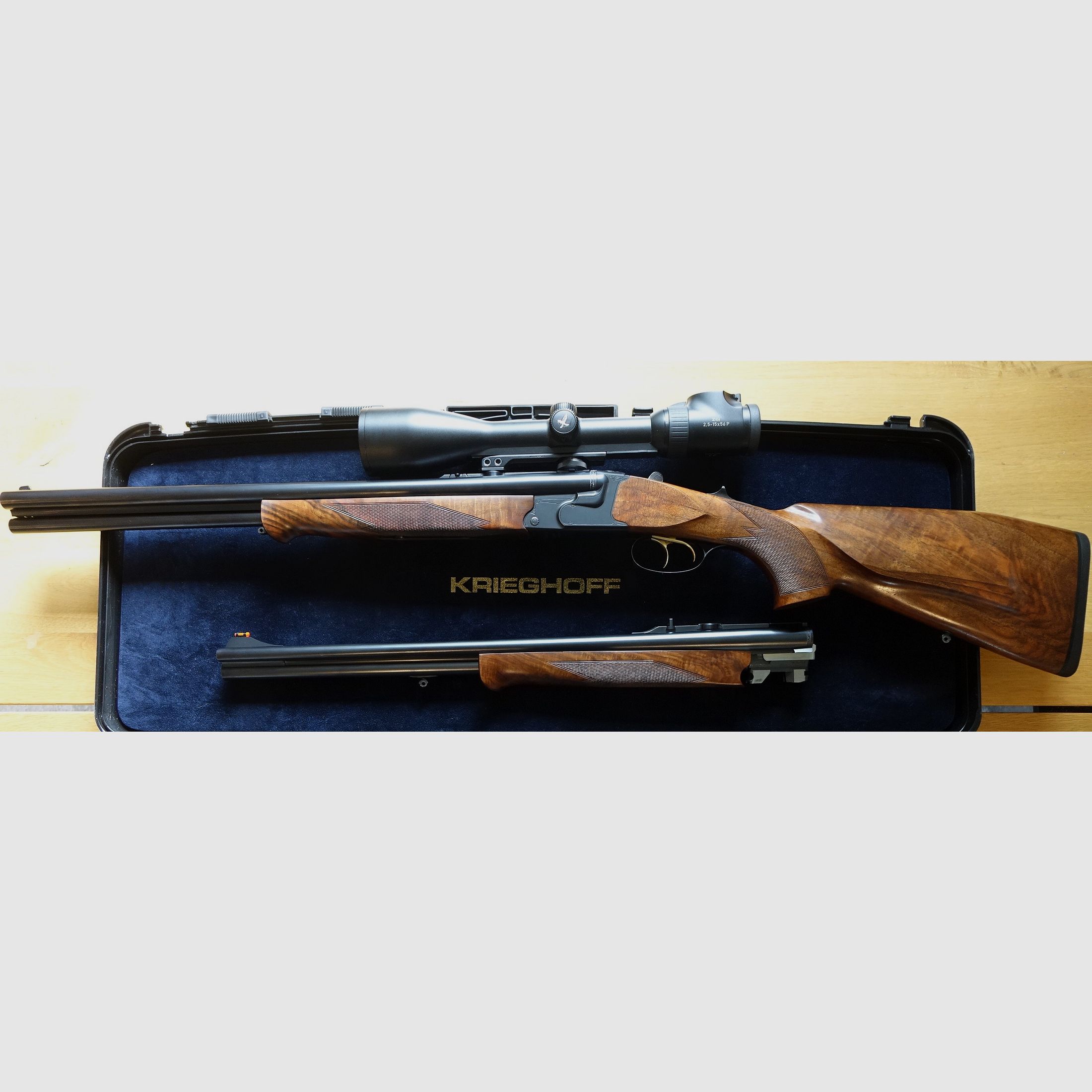 Krieghoff Optima TS Drilling w 8x57 IRS - 20/76 - lufa wymienna .22 Hornet w zestawie z drugim zestawem luf DBD 9,3x74R-20/76 w zestawie z Swarovski Z6i 2,5-15x56