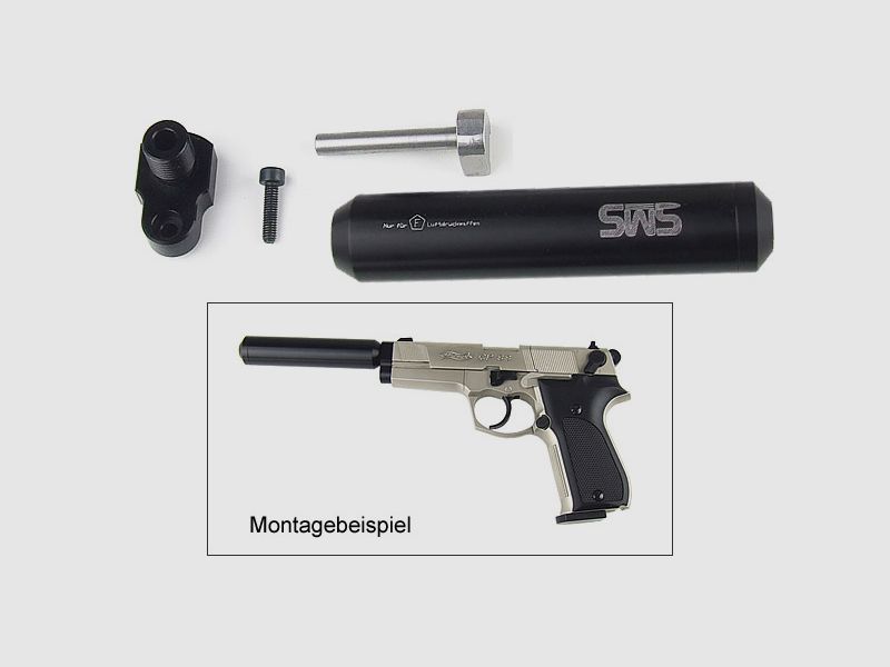 Adapter und schwarzer SchalldĂ¤mpfer fĂĽr CO2 Pistole Walther CP88 (P18)