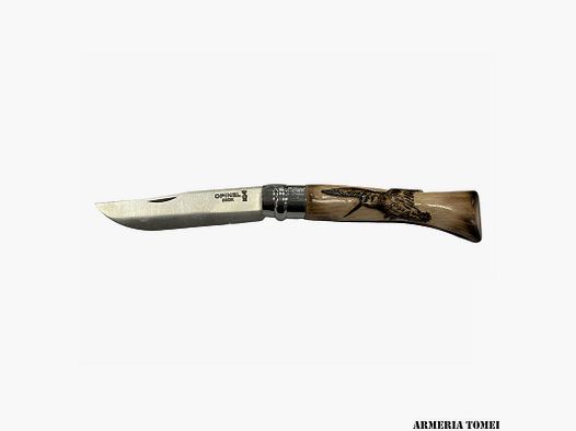 COLTELLO – OPINEL – N.10 CARBONIO CON DISEGNO – BECCACCIA/SCENA CACCIA – REALIZZATO A MANO