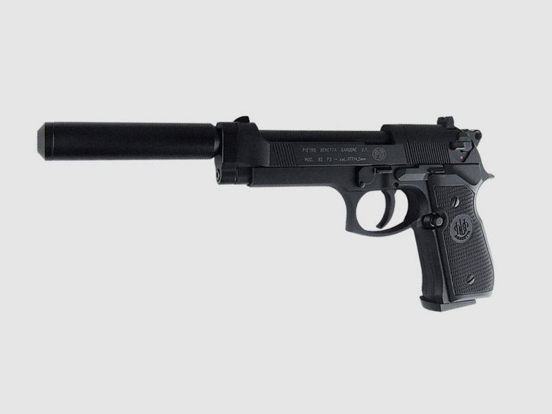 CO2 Pistole M 92 FS schwarz Kunststoffgriffschalen Kaliber 4,5 mm (P18)+ SchalldĂ¤mpfer schwarz Adapter