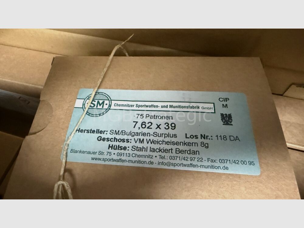Cartucce 7,62 x 39 Surplus - SM 600 colpi - Paese di origine Bulgaria, involucro in acciaio verniciato Berdan, proiettile 8,0 gr. nucleo morbido, confezionato in 75/600 cartucce in UN BOX con CIP