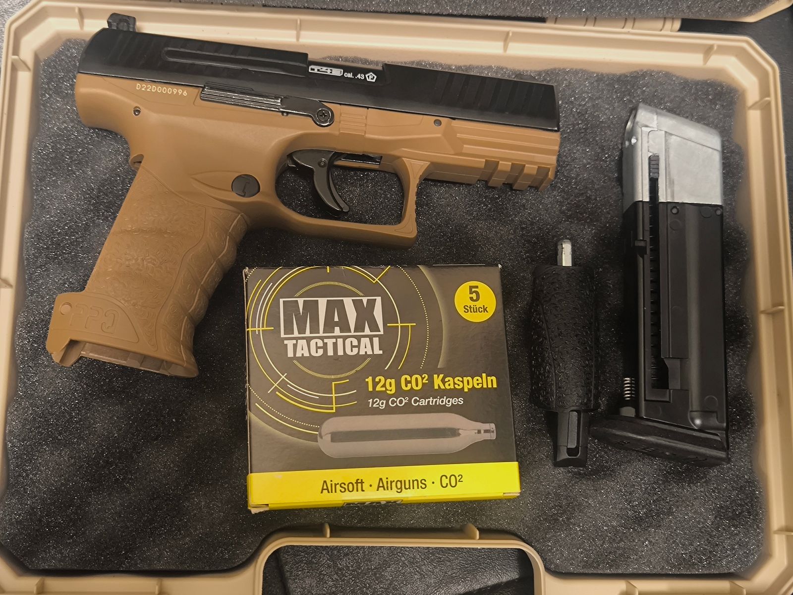 ⚠️ Achtung MagFed Freunde, Walther PPQ M2 T4E Dark Earth Brown, Kaliber .43, nur ein mal ein Magazin zur Probe Geschossen &  Kratzer Frei & Dichtung absolut Dicht & eine 5er Packung Max Tactical Co2-Kartuschen ⚠️ Achtung Versandkosten Frei!! 