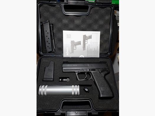 Röhm RG96 Schreckschuss Pistole brüniert (PTB 699) RG 96 Set mit Schalldämpfer, Ladehilfe und 2 Magazinen