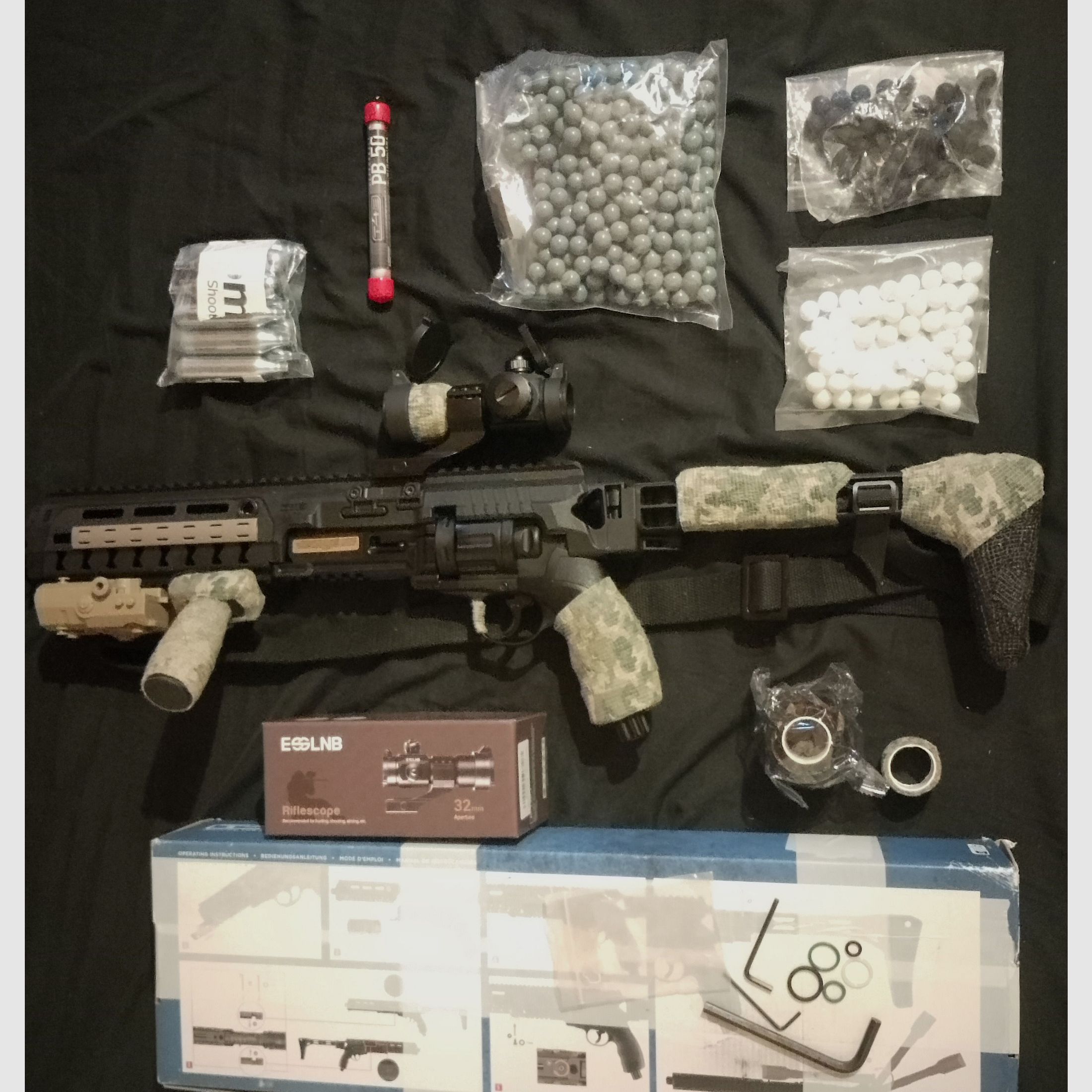 Update Mega Set! T4e HDR50 Tactical Rifle Kit Rot Grün Punkt Tracer Kugeln RAM Paintball Markierer Cal .50 laser Lampe CO2 Kapseln Anschlagschaft carbine Pfefferballs 
