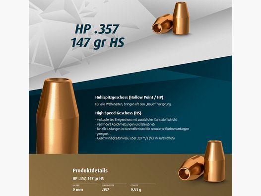 500St. H&N Geschosse .357 / 9mm HP HS 147grs - Hohlspitz-Geschoss | Haendler&Natermann High Speed