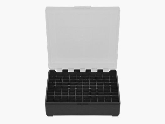 Zwarte opbergdoos met doorzichtig deksel voor 100 patronen kal. 22lr - 25 acp