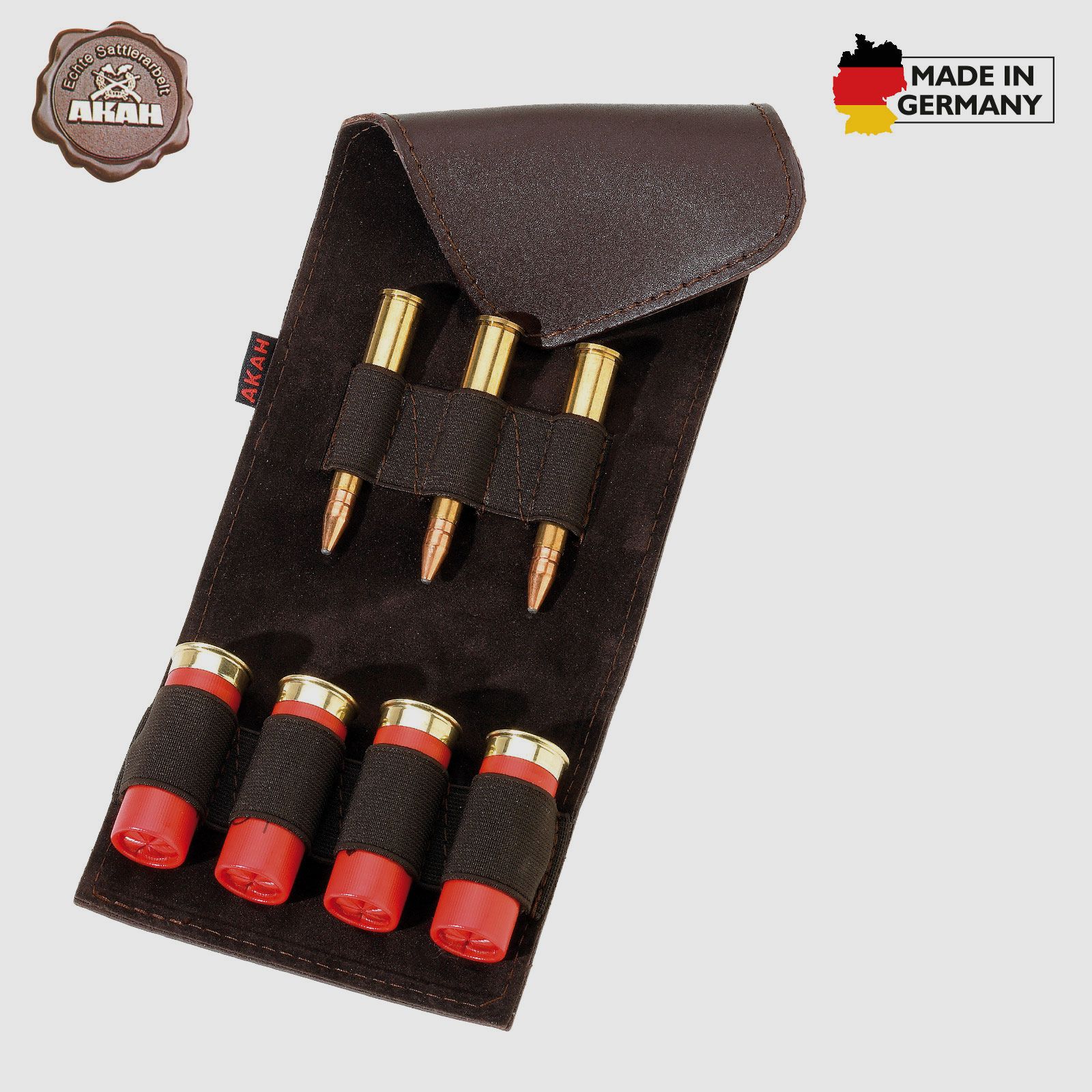 AKAH patroonetui van buffelleer voor 3 kogelpatronen en 4 hagelpatronen