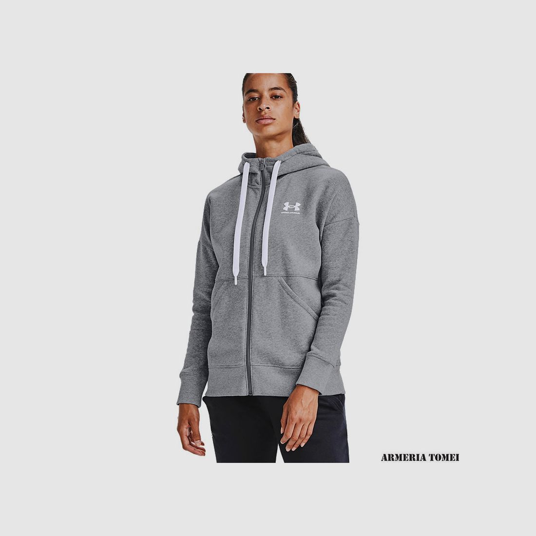 UNDER ARMOUR – DAMY – BLUZA Z KAPTUREM RIVAL FLEECE FULL ZIP HO Steel Medium Heather / White – 035, zdjęcie 3 z 4