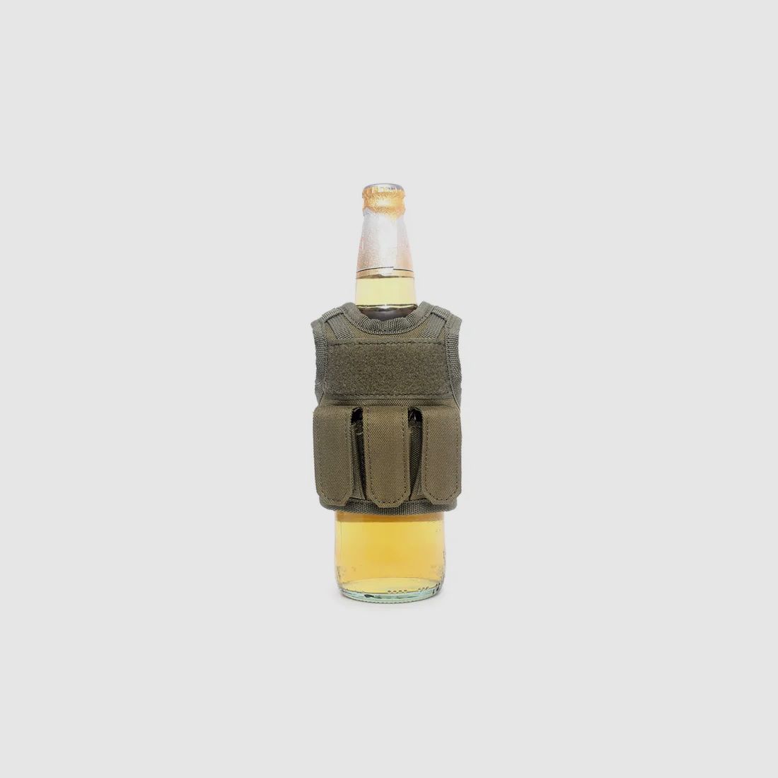 Mini Tactical Schutzweste mit Fronttaschen für Bierflasche / Weinflasche / Thermosflasche - Oliv
