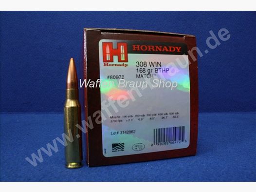 Hornady .308 Win Match BTHP 168 granos 50 piezas #80972
