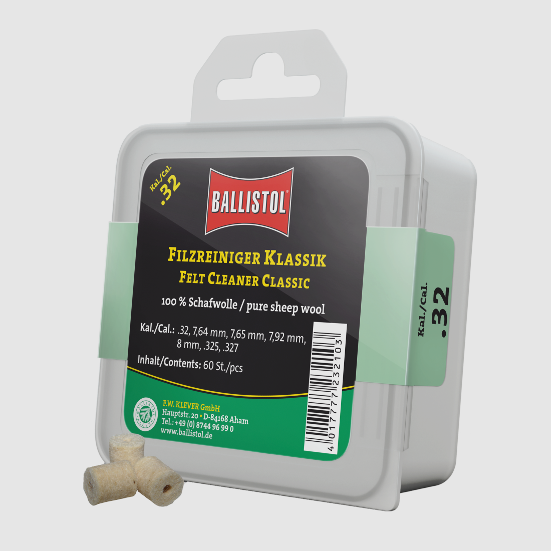Ballistol Filzreiniger Klassik, Kal. .32, 60 Stk. (für Kal. .32, 7.64mm, 7.65mm, 7.92mm, 8mm, .325, .327), Bild 1 von 2