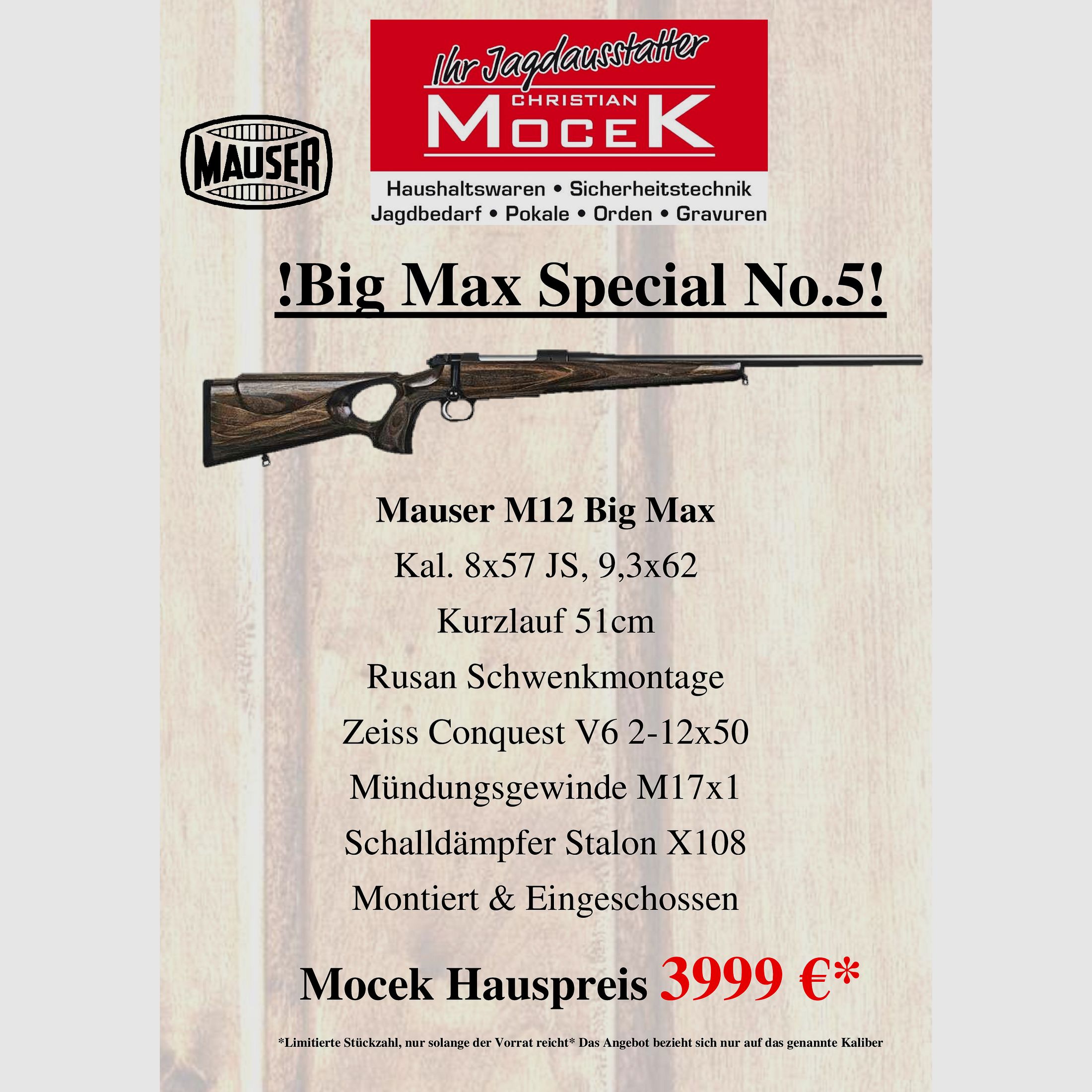 Mauser M12 Big max, mit Zeiss Conquest V6 2-12x50 M, mit Schiene