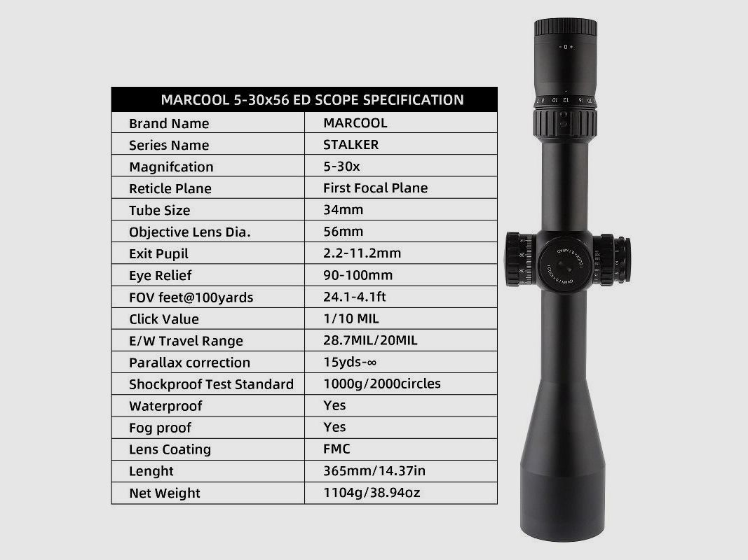 Marcool Stalker ED 5-30×56 FFP IR cannocchiale da puntamento + montaggio da 34 mm, immagine 6 di 9