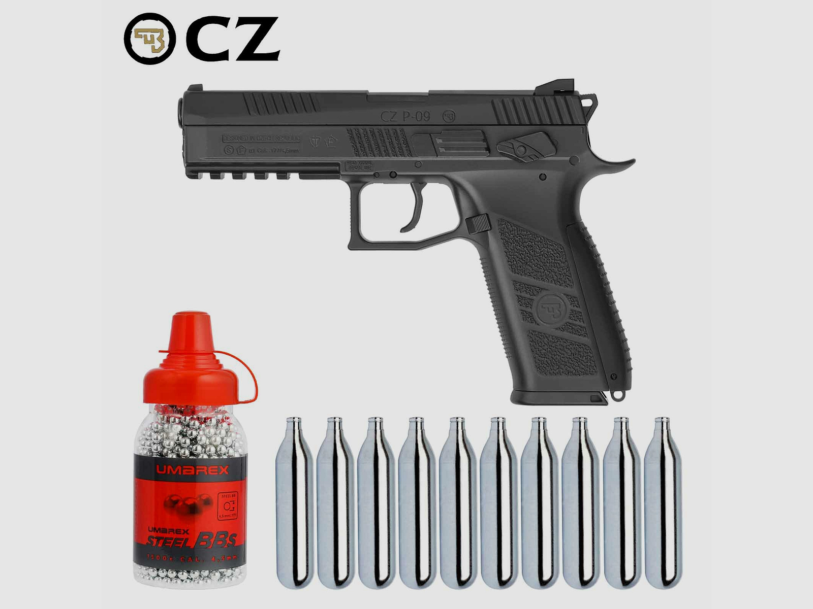 Kompettset CZ P-09 Duty 4,5 mm Diabolo/Stahl BB Co2-Pistole Blow Back (P18) + 10 Co2-Kapseln Umarex + 1500 Stahl-BB's Umarex