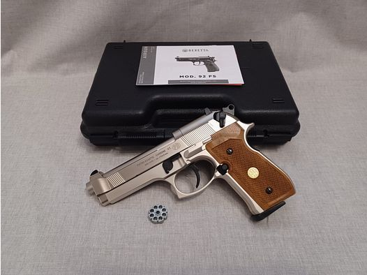 Beretta 92 FS Nickel / Holzgriffschalen / 4,5 mm Diabolo / CO2 / Pistole / OVP