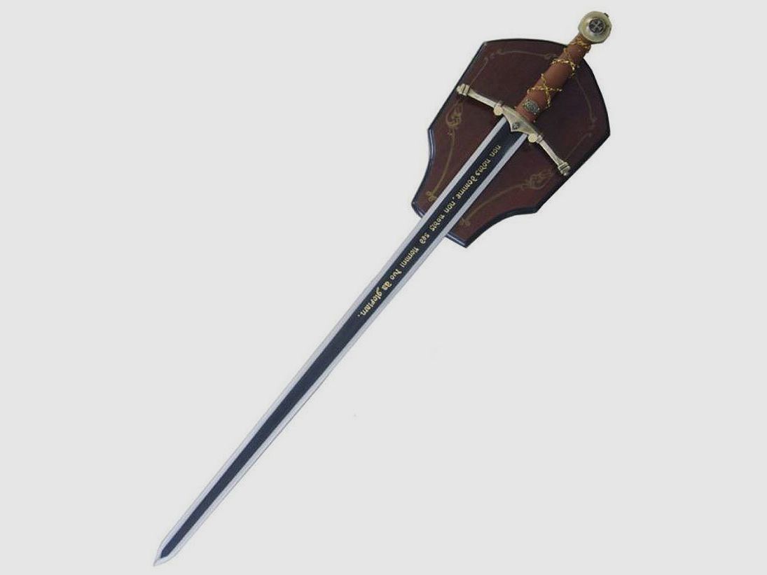 Crusader sword with inscription and wall mount