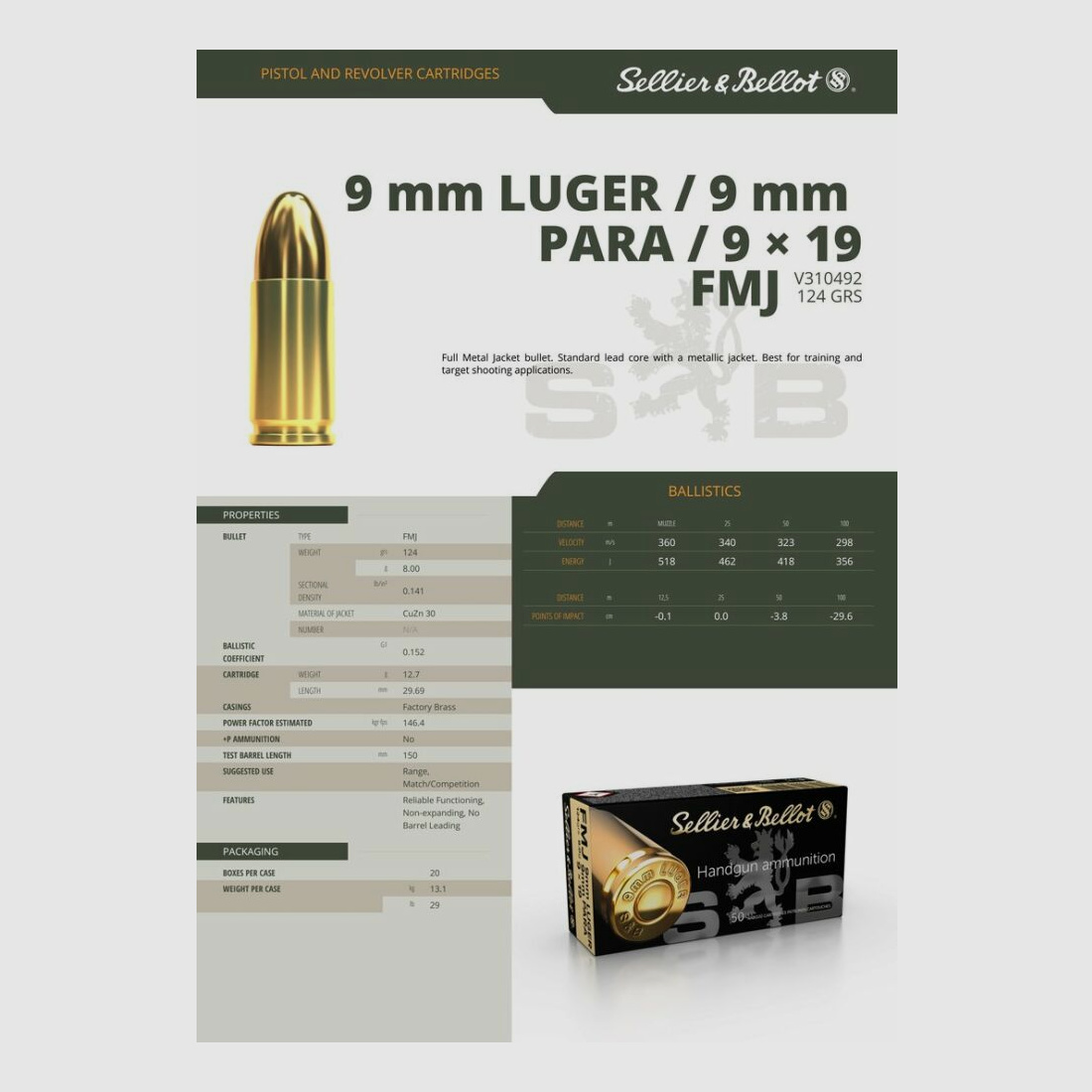Sellier&Bellot Munition Sellier & Bellot 9mmLuger FMJ 124grains / 8,0g 1.000 Schuss (20x 50Schuss)