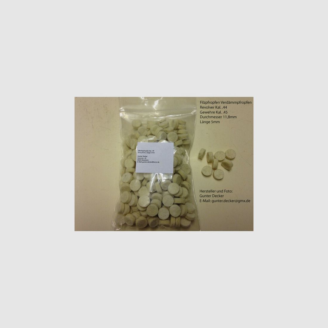 200 Filzpfropfen Verdämmpfropfen Dicke 11,8mm, Länge 5mm, Revolver Kal. .44, Gewehre Kal. .45
