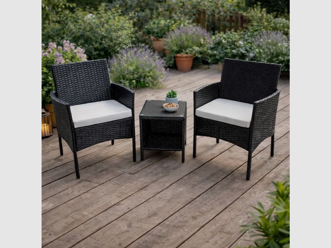 Gartenmöbelset 2 Stühle und niedriger Tisch geflochten schwarz, Bild 1 von 16