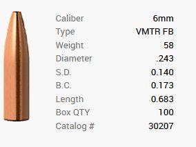 Barnes Geschoss 6mm/.243 58GR Varminator HP FB 100 Stück