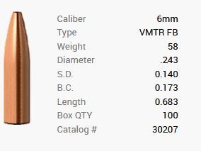 Barnes bullet 6mm/.243 58GR Varminator HP FB 100 pieces