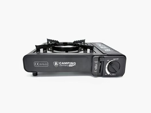 Gas stove / camping stove in carrying case with safety system - black
