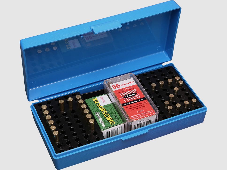 MTM Pudełko do zawodów kal. .22 LR SB-200-20 niebieskie z klapką na 100 nabojów