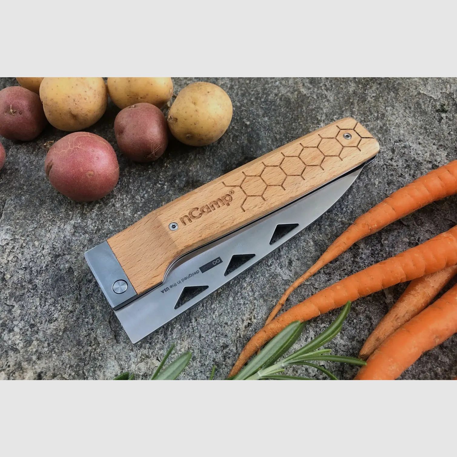 nCamp Premium Kochmesser (9cr18Mov Klinge/Buchengriff) mit Nylontasche