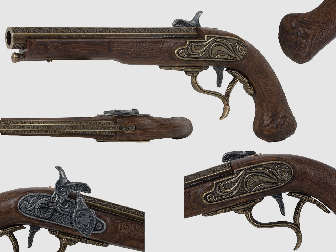 Deko Perkussionspistole Kolser LĂ¤nge 30 cm messing altgrau Griffschalen in Holzoptik messing