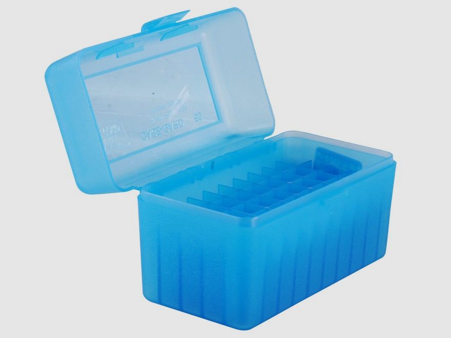 Boîte à cartouches MTM RL-50-24 bleu clair avec couvercle rabattable pour 50 cartouches .270 et autres.