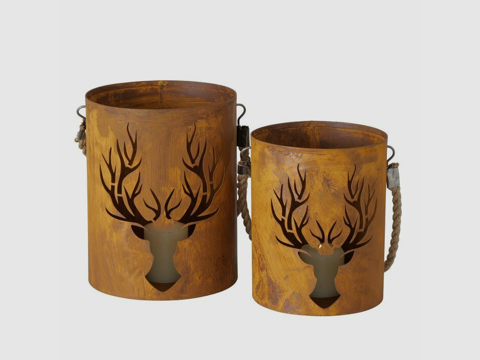 Lovergreen decoration motif set with 2 rusty deer lanterns - refined iron rust