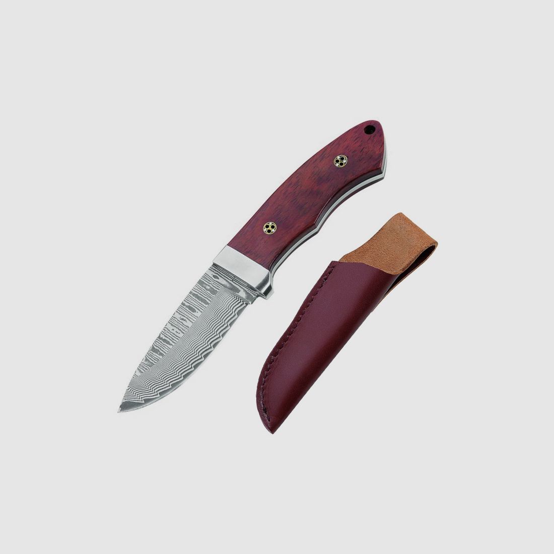 Damascus knife, 71 layers, rosewood, mosaic pins, leather sheath