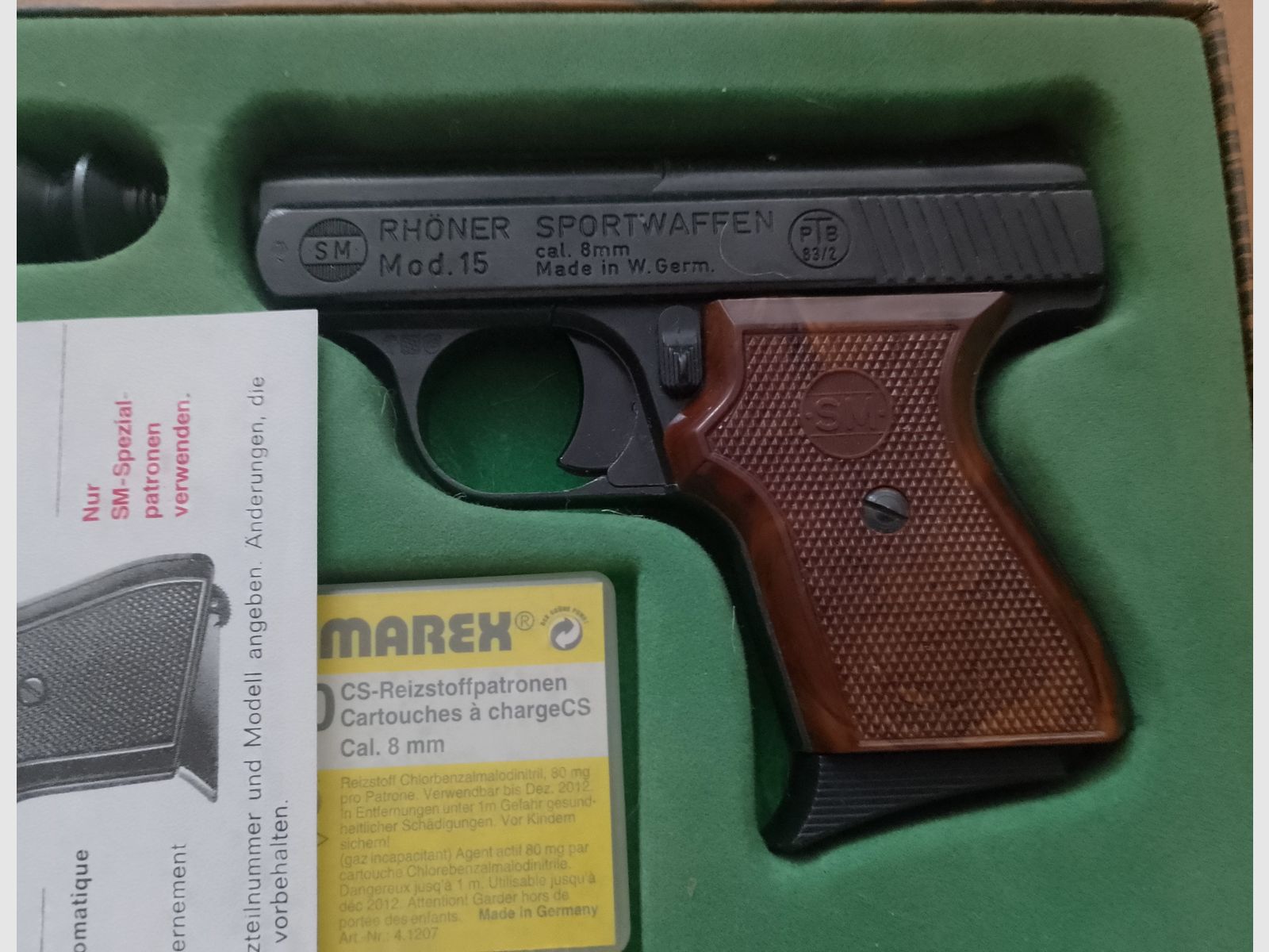 Alte Rhöner SM 15 Kal. 8 mm Knall im PTB 83/2 mit Verpackung!