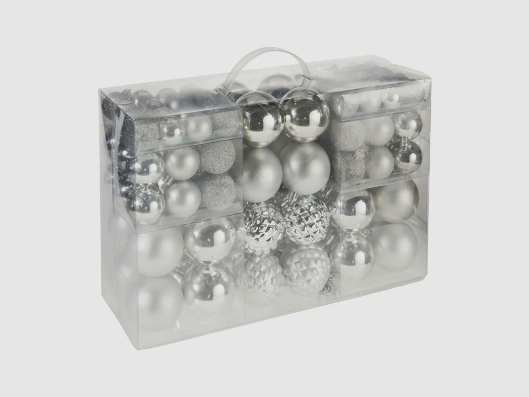 Set van 100 Zilveren Kerstballen - Glanzende, Matte en Glitter Effecten, afbeelding 1 van 2