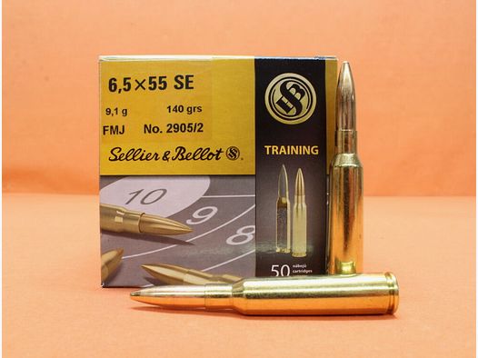 S&B/ Sellier&Bellot Patrone 6,5x55SE S&B/ Sellier&Bellot 140grs FMJ (2905/2) VE 50 Patronen/ 9,1g Vollmantel