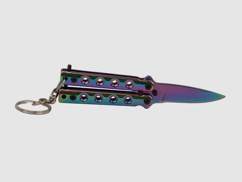 SchlĂĽsselanhĂ¤nger Mini Butterfly Messer Stahl KlingenlĂ¤nge 40 mm rainbow mit SchlĂĽsselring und Kette