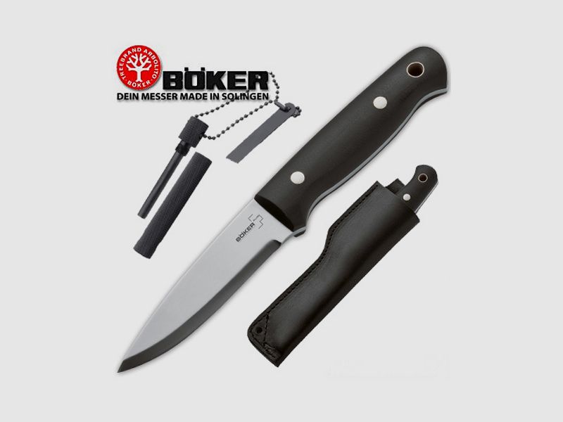 BÖKER PLUS BUSHCRAFT 440C, Lederscheide, Feuerstarter