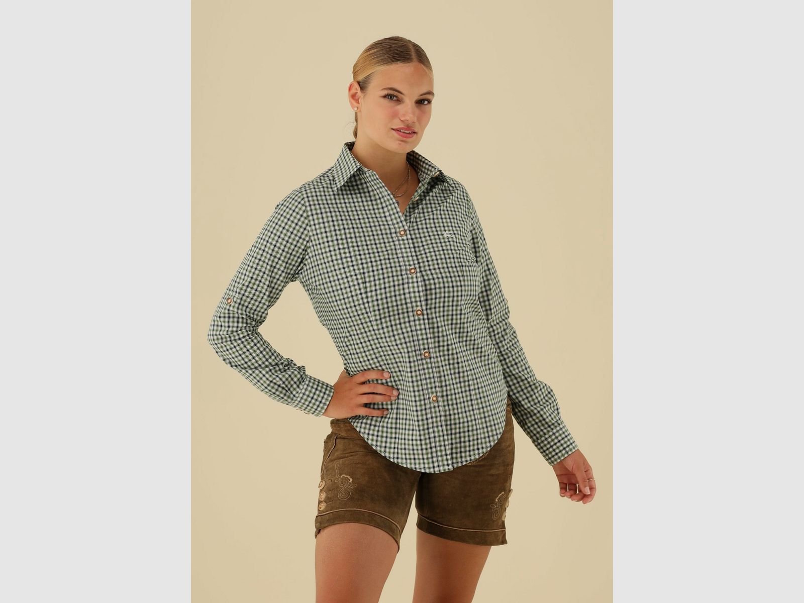 OS-Trachten blusa de mujer de manga larga – cuadros verdes, imagen 5 de 5