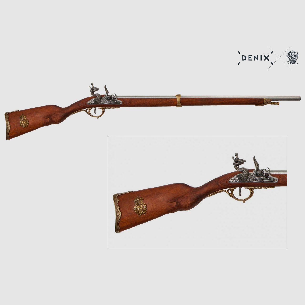 FranzĂ¶sisches Deko Steinschlossgewehr Napoleon 1807, silber - messing, 113 cm