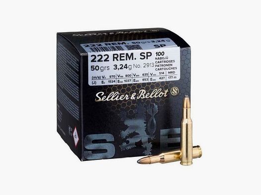 Box mit 100 Patronen Sellier & Bellot Kal. 222 Remington 50 grains SP