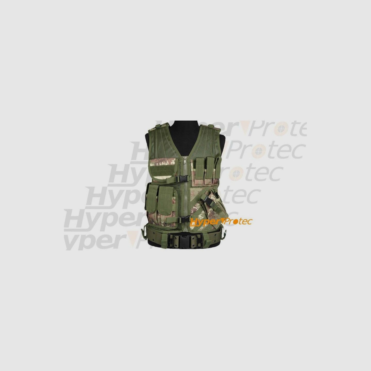 Taktisches Airsoft-Gilet Camo für Rechtshänder 6 Taschen + Holster