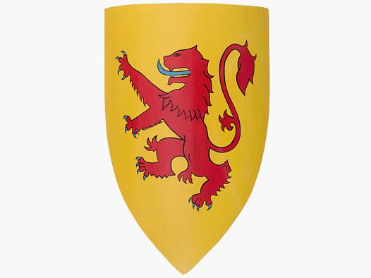 Escudo de caballero de madera con leones carmesí.