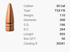 Bala Barnes .30/.308 110GR TSX FB 50 piezas