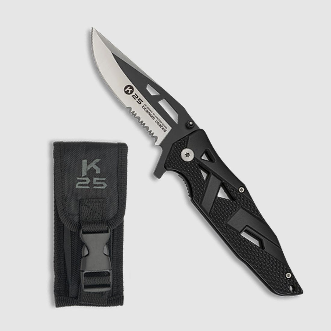 vielseitiges Taschenmesser titan-beschichtet m. Teilwellenschliff und Etui