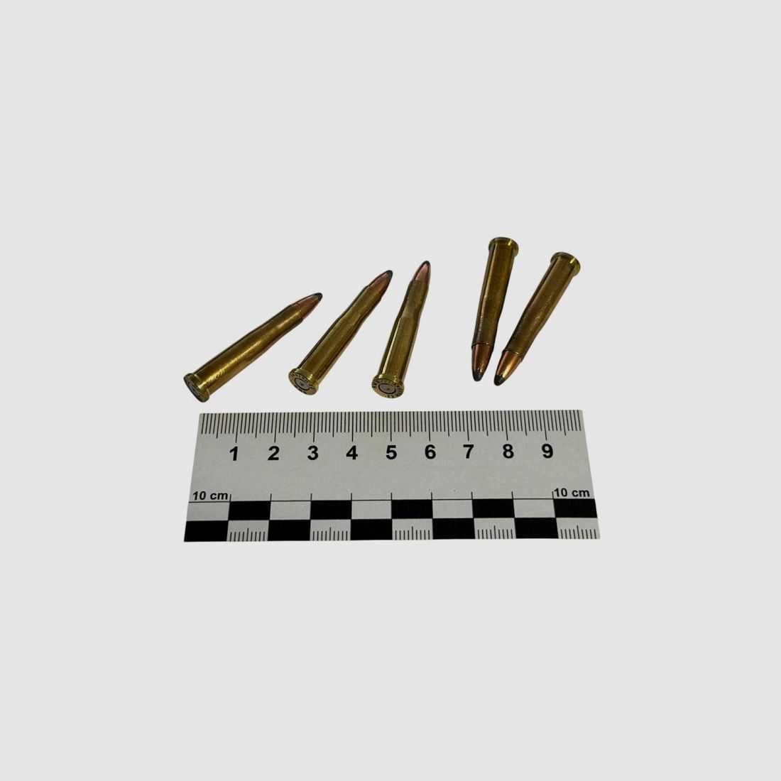 5 pieces of decommissioned ammunition caliber .22 Hornet – brass case with partial jacket bullet