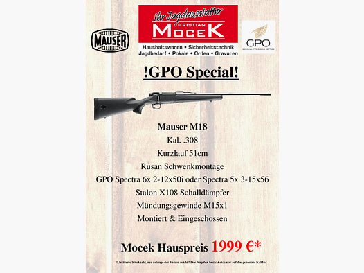 Mauser M18, met GPO Spectra 6x 2-12x50 of Spectra 5x 3-15x56