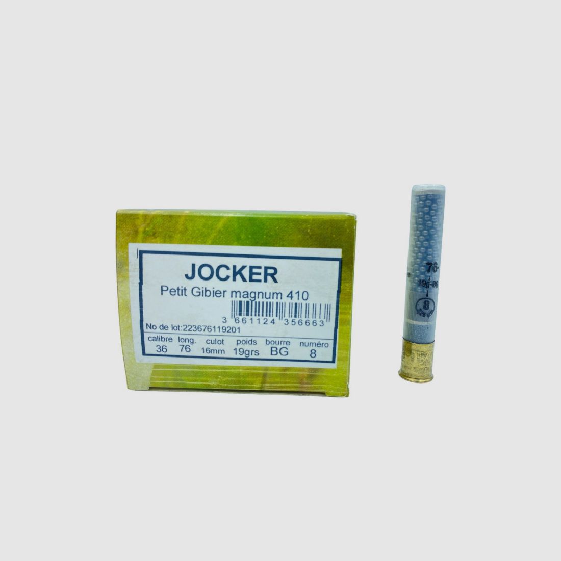PACKUNG MIT 25 PATRONEN JOCKER KLEINER KALIBER 19G FETTUNG CAL.410/76 BLEI 8